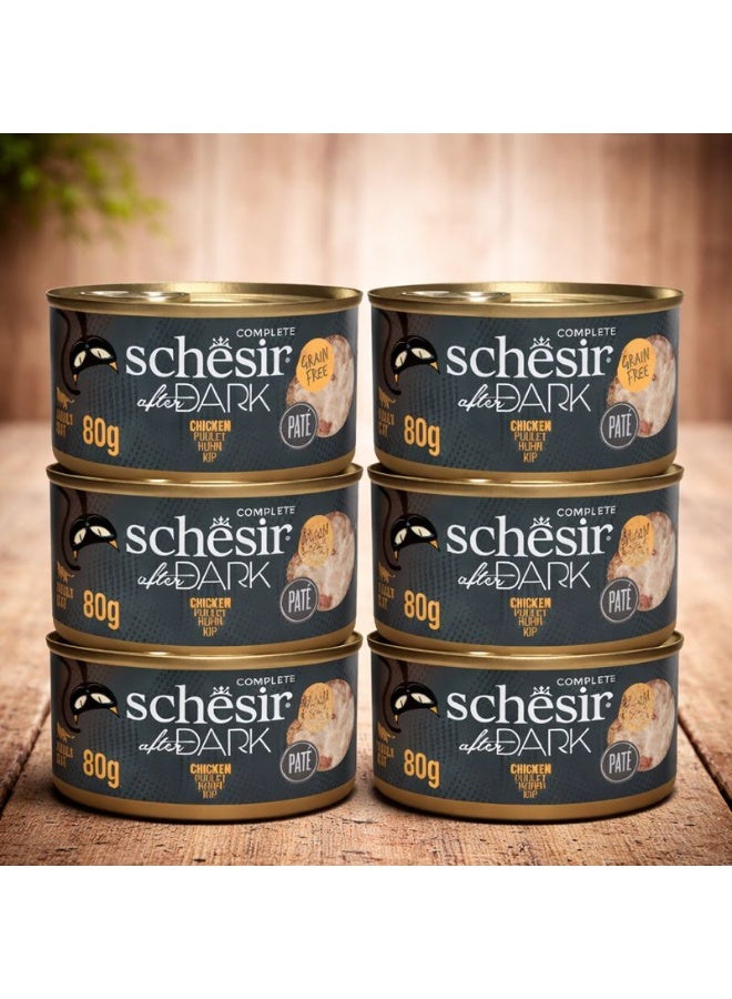 Schesir After Dark Wet Cat Food for Adult Cats – Shredded Chicken Pate – Grain-Free High-Protein Formula – 480 g (6 x 80 g Cans) - Image 1